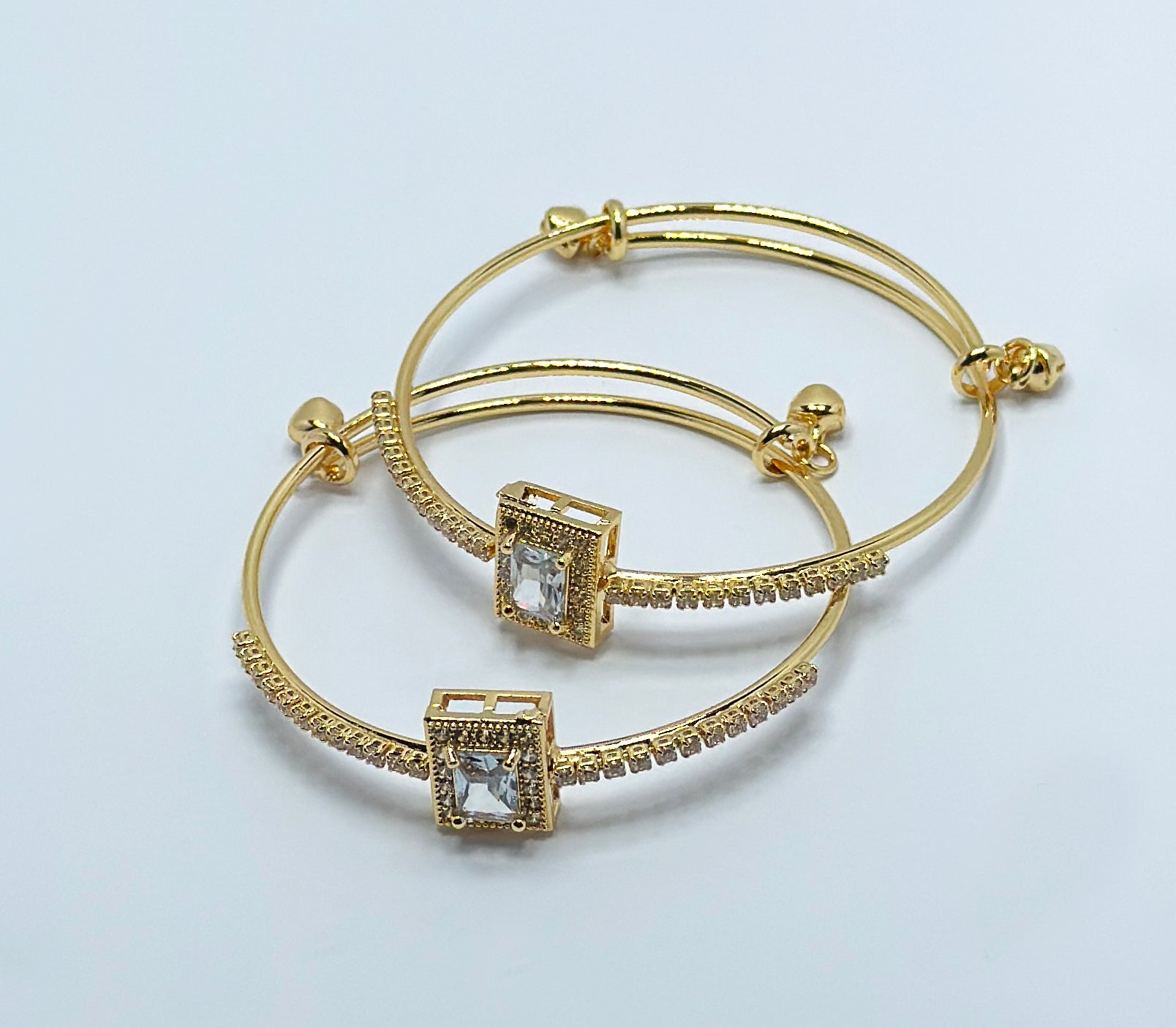 Adjustable Gold-Tone Bangles with Rectangle Crystal Centers (Set of 2)