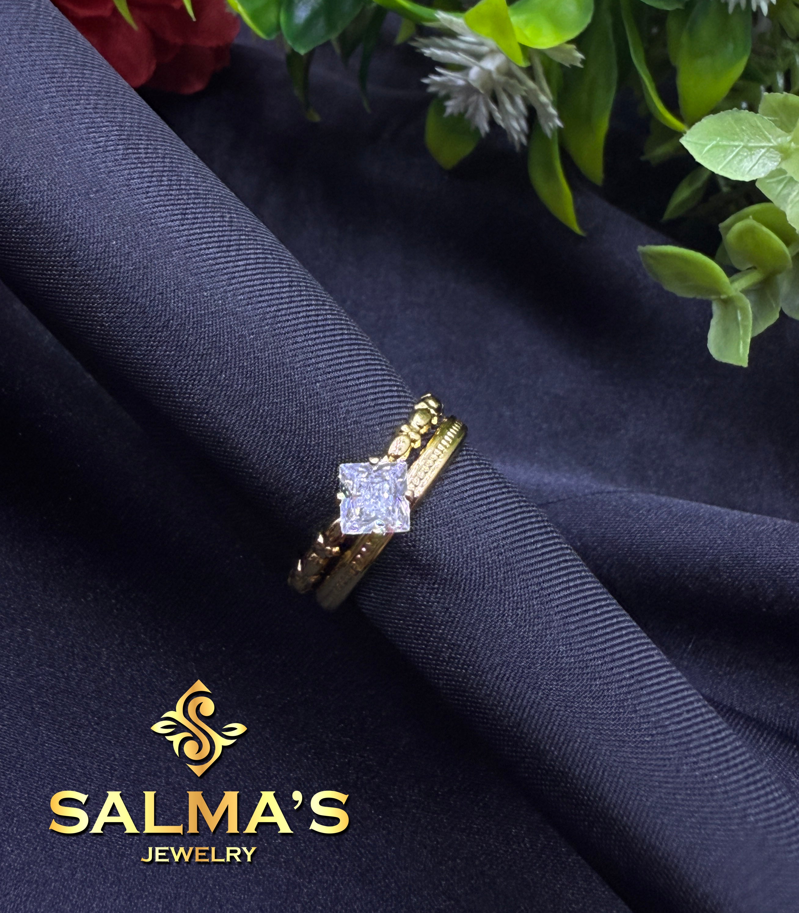 Gold-Toned Dual Band Ring with Square Cut Crystal