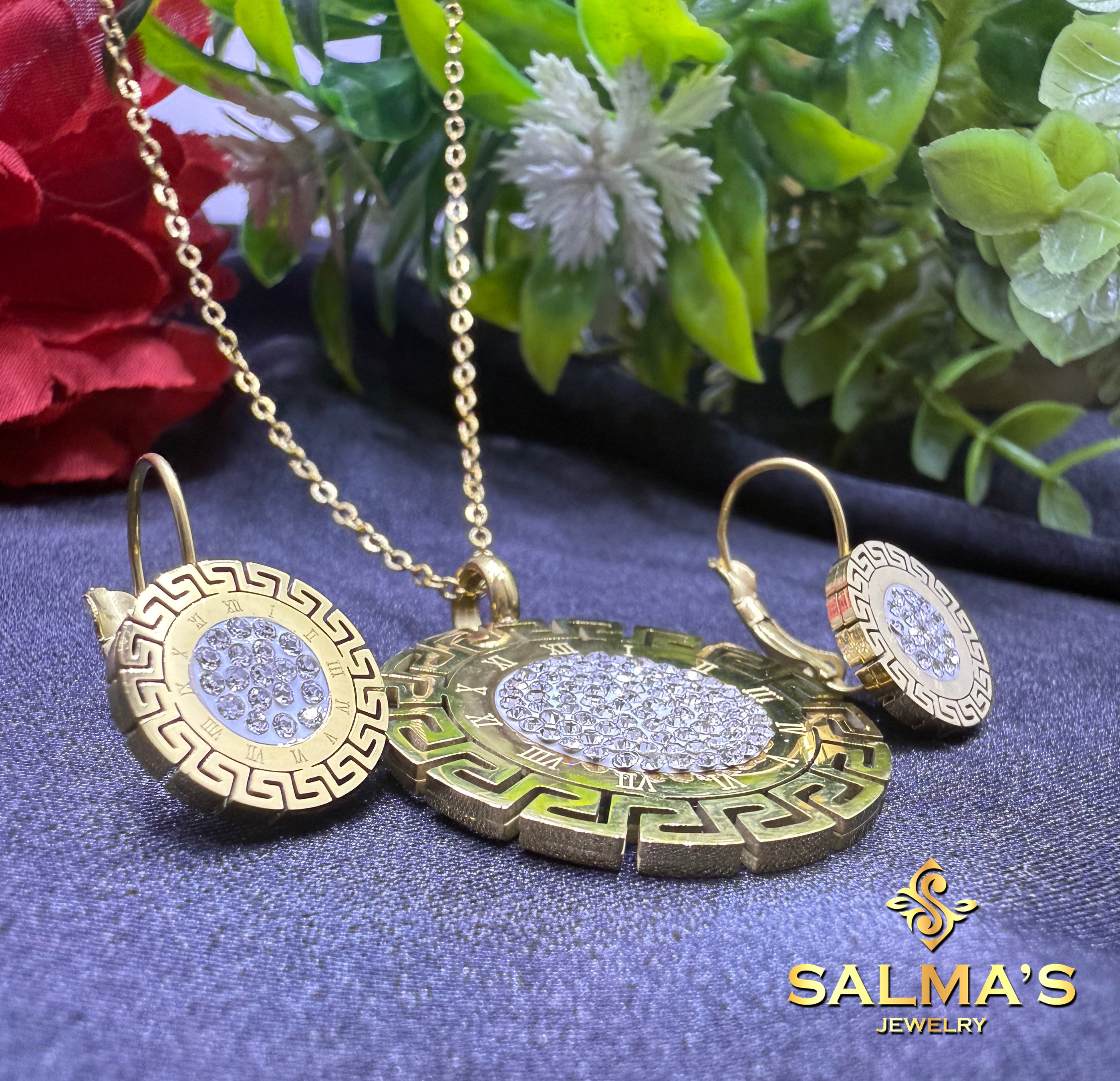 Bold Gold-Tone Greek Key & Roman Numeral Jewelry Set