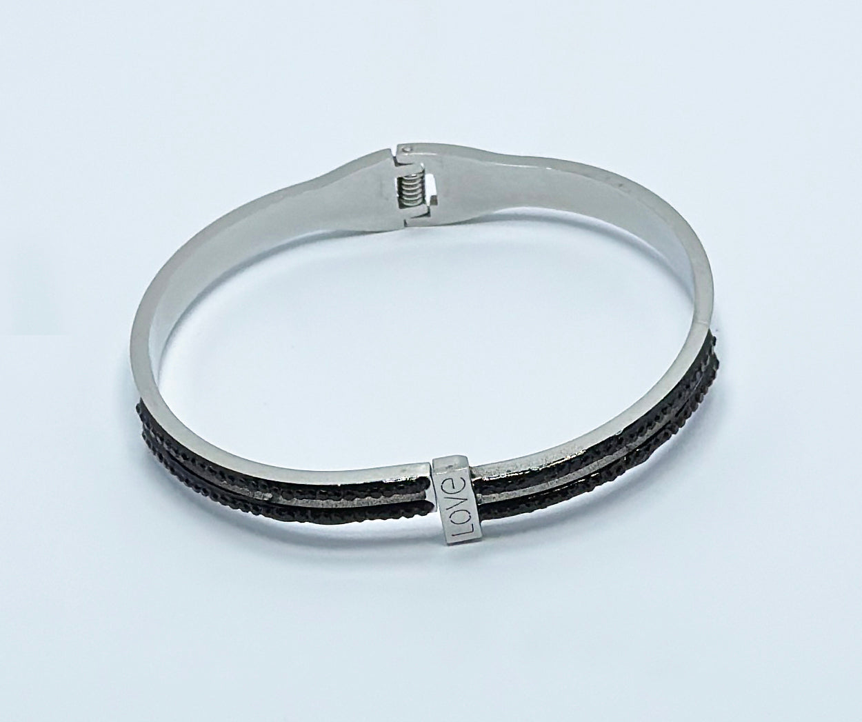 "Love" Engraved Black Crystal Bangle Bracelet