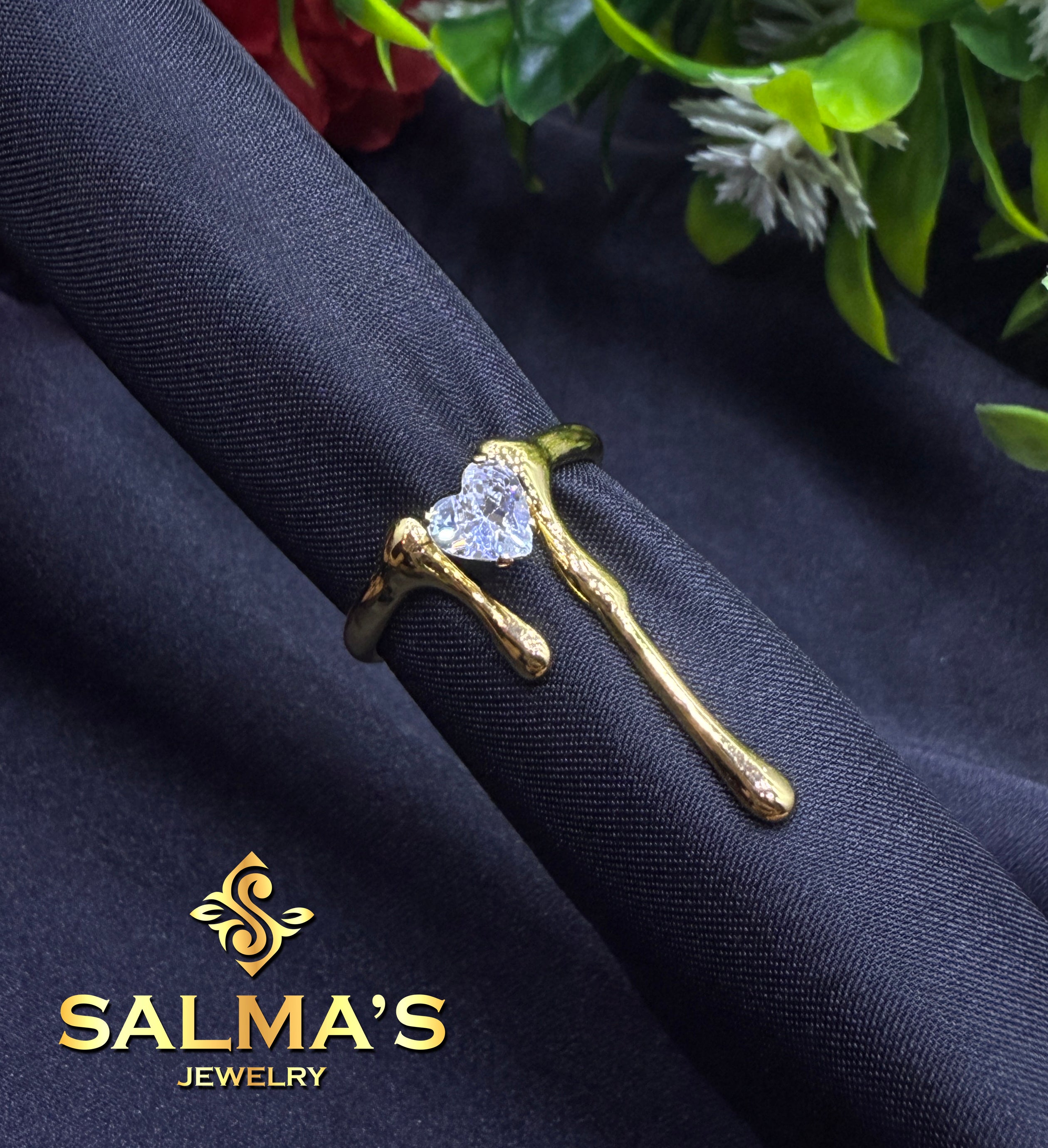 Organic Gold-Toned Branch Ring with Heart-Shaped Crystal