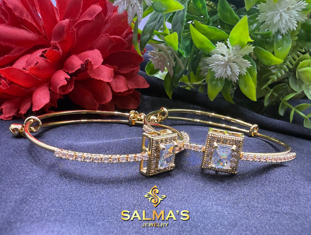 Adjustable Gold-Tone Bangles with Rectangle Crystal Centers (Set of 2)