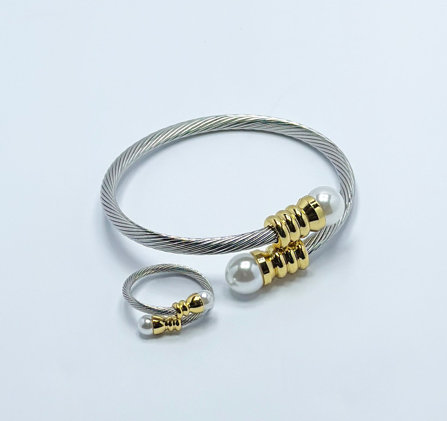 Elegant Two-Tone Cable Wire Bracelet & Ring Set with Pearls