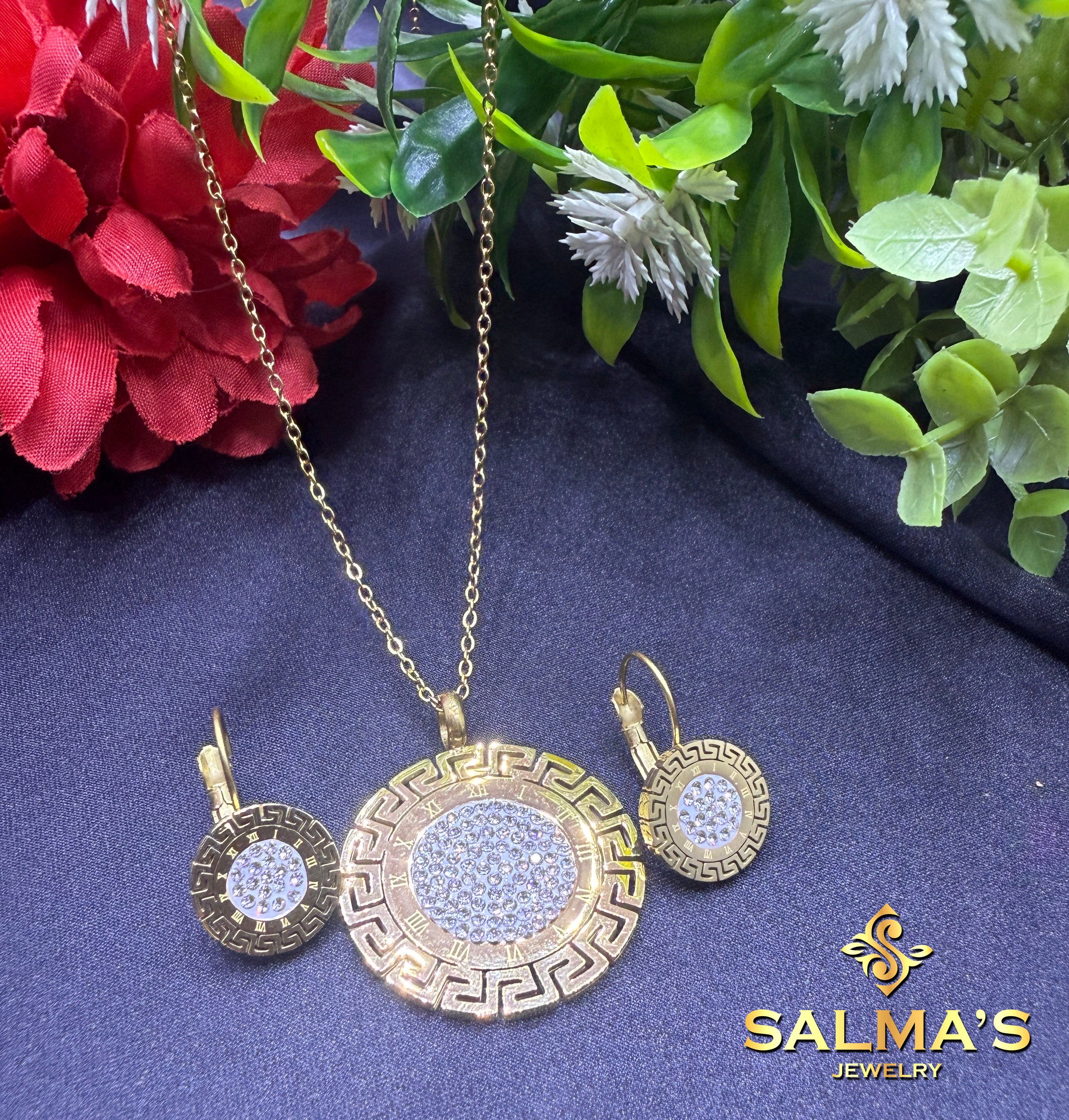 Bold Gold-Tone Greek Key & Roman Numeral Jewelry Set