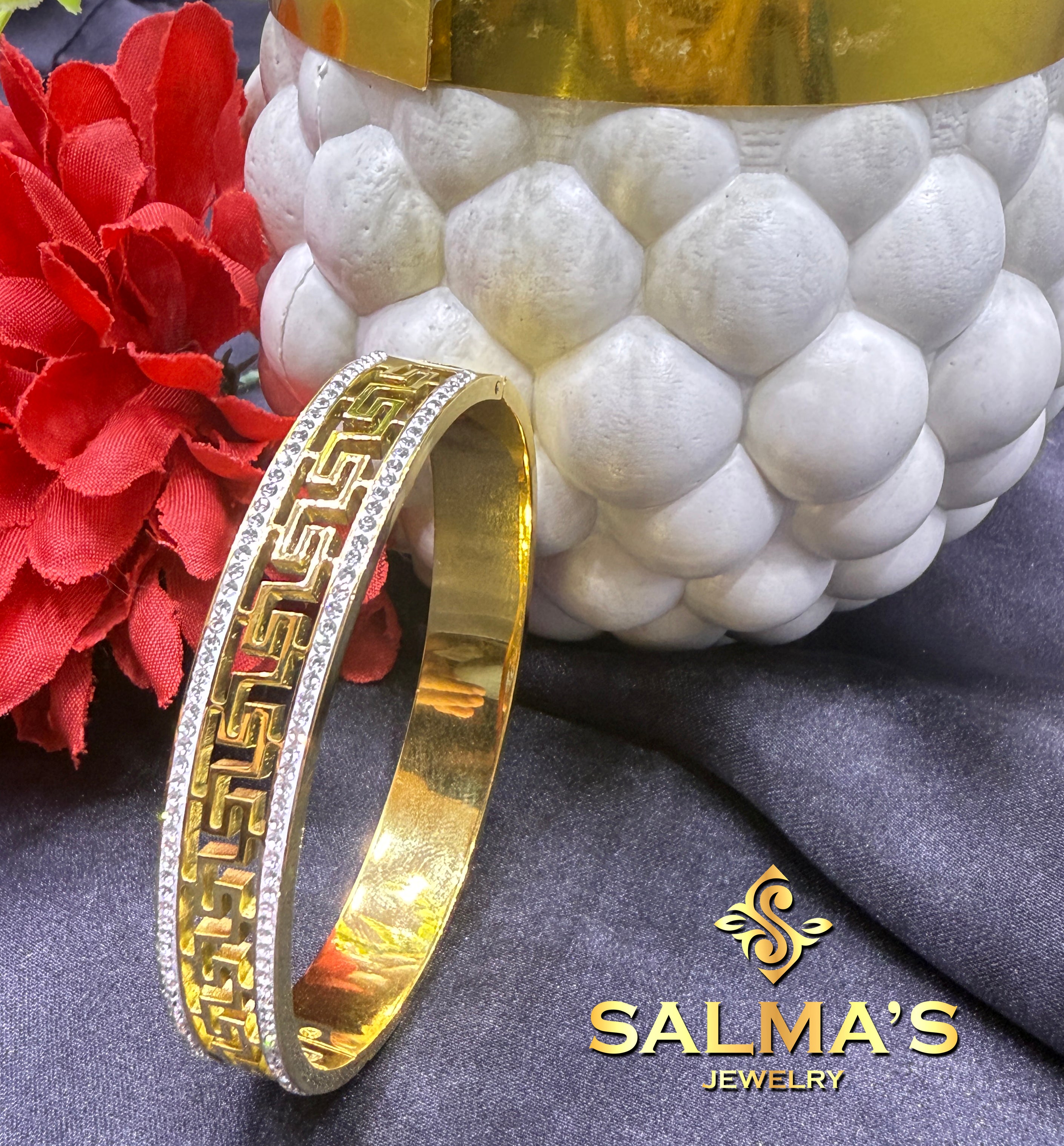 Greek Key Inspired Gold-Toned Bangle with Crystal Accents