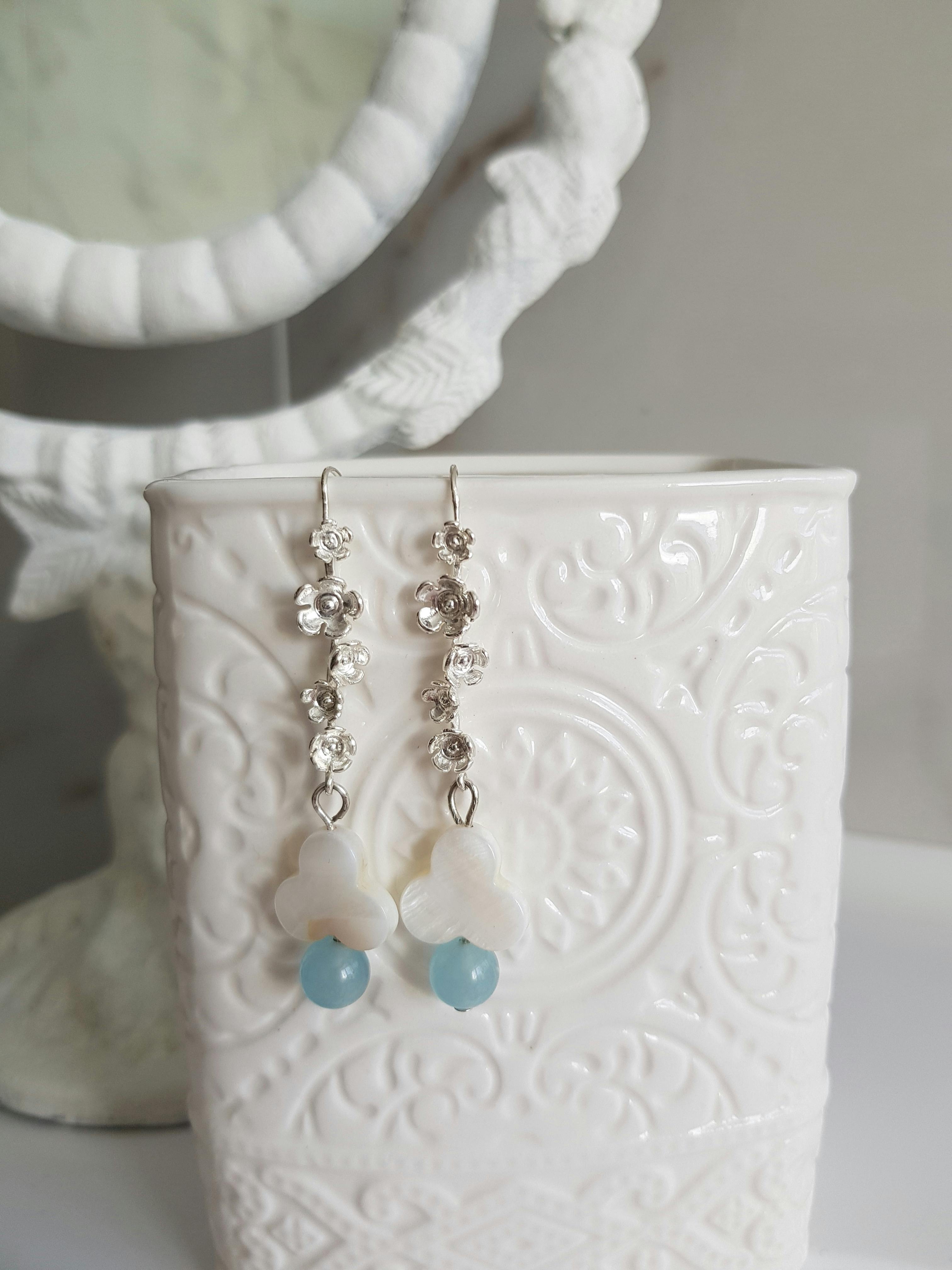 Floral Drop Earrings with Aquamarine & Mother-of-Pearl