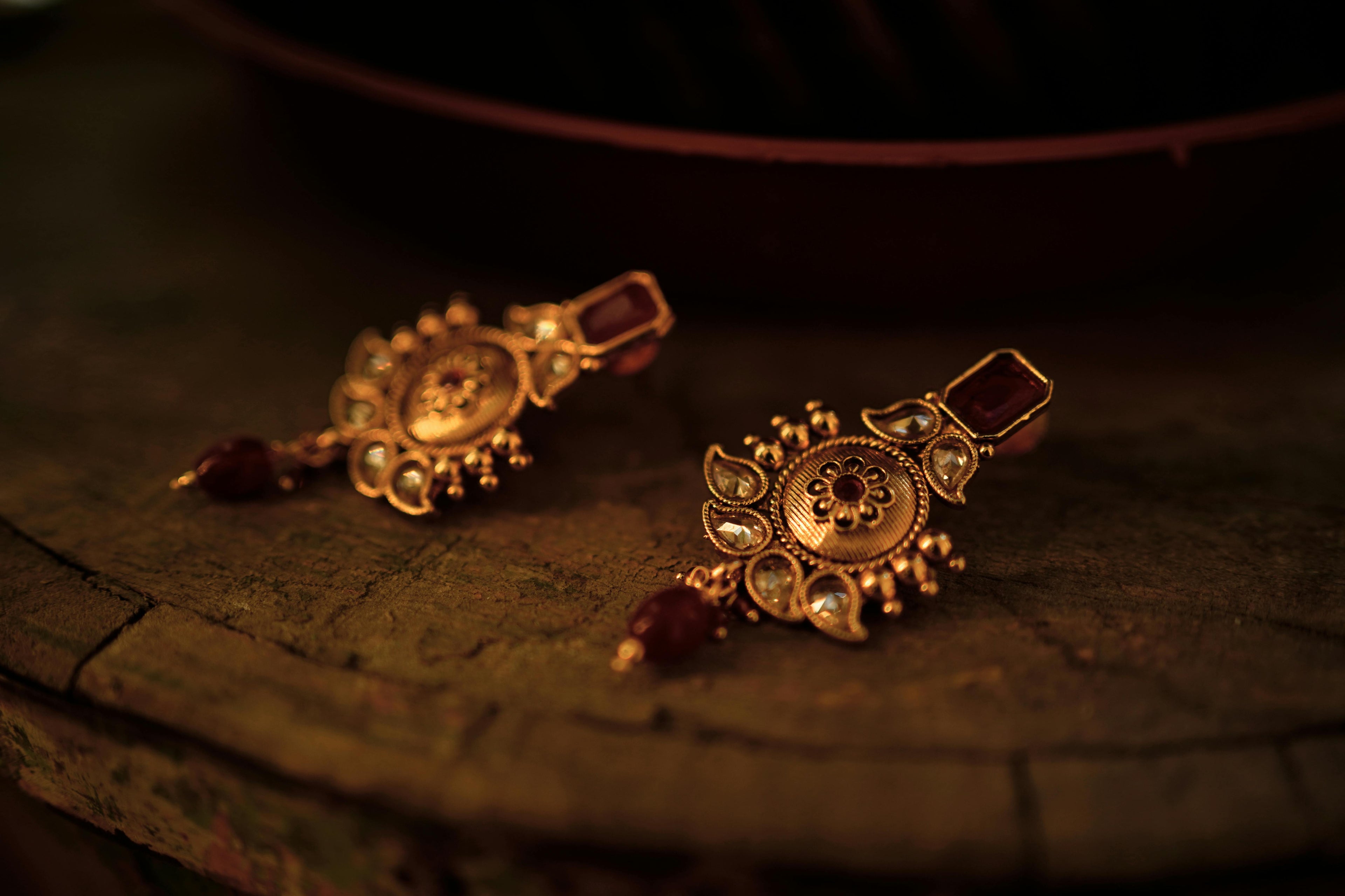 Traditional Gold-Tone Ruby & Kundan Stud Earrings